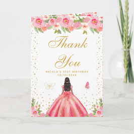 Pink Floral Dark Skin Girl Birthday Party Bedankkaart