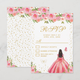Pink Floral Dark Skin Princess Sweet Sixteen RSVP Kaartje