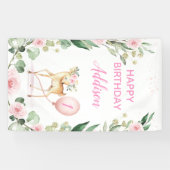 Pink Floral Deer Pink Ballon Birthday Party Spandoek (Horizontaal)