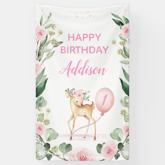 Pink Floral Deer Pink Ballon Birthday Party Spandoek (Verticaal)