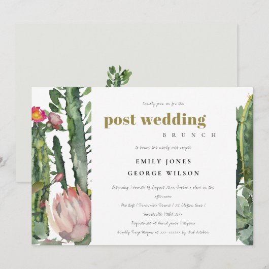 PINK FLORAL DESERT CACTI FAUNA POST WEDDING BRUCH KAART (Voorkant / Achterkant)