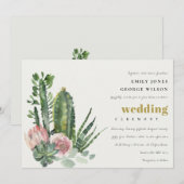 PINK FLORAL DESERT CACTI FAUNA WATERVERF WEDING KAART (Voorkant / Achterkant)