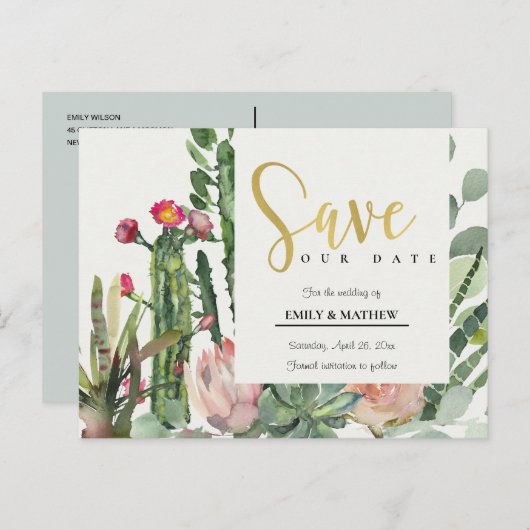 PINK FLORAL DESERT CACTI FOLIAGE BEWAREN DE DATUM AANKONDIGINGSKAART (Voorkant / Achterkant)