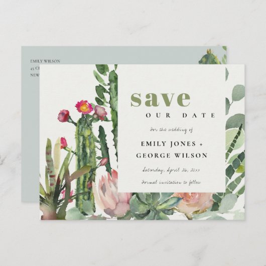 PINK FLORAL DESERT CACTI FOLIAGE BEWAREN DE DATUM AANKONDIGINGSKAART (Voorkant / Achterkant)