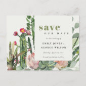PINK FLORAL DESERT CACTI FOLIAGE BEWAREN DE DATUM AANKONDIGINGSKAART (Voorkant)