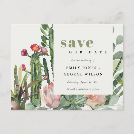 PINK FLORAL DESERT CACTI FOLIAGE BEWAREN DE DATUM AANKONDIGINGSKAART (Voorkant)