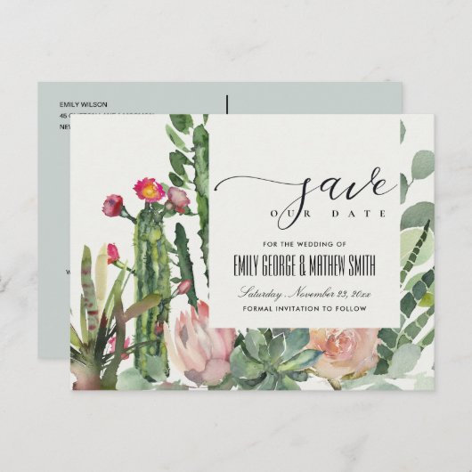 PINK FLORAL DESERT CACTI FOLIAGE BEWAREN DE DATUM AANKONDIGINGSKAART (Voorkant / Achterkant)