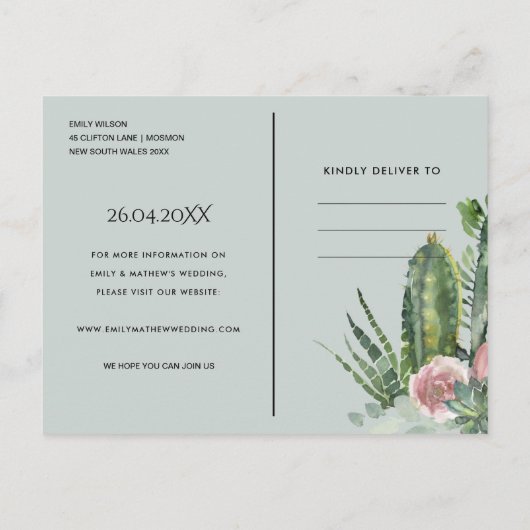 PINK FLORAL DESERT CACTI FOLIAGE BEWAREN DE DATUM AANKONDIGINGSKAART (Achterkant)