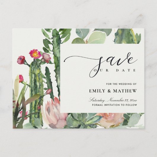 PINK FLORAL DESERT CACTI FOLIAGE BEWAREN DE DATUM AANKONDIGINGSKAART (Voorkant)