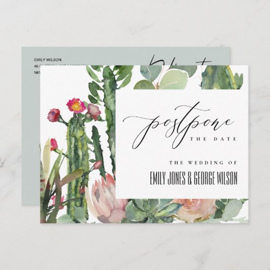 PINK FLORAL DESERT CACTI FOLIAGE POSTPONE DATE AANKONDIGINGSKAART (Voorkant / Achterkant)