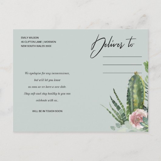 PINK FLORAL DESERT CACTI FOLIAGE POSTPONE DATE AANKONDIGINGSKAART (Achterkant)