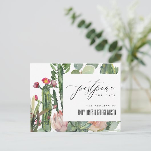PINK FLORAL DESERT CACTI FOLIAGE POSTPONE DATE AANKONDIGINGSKAART (Staand voorkant)