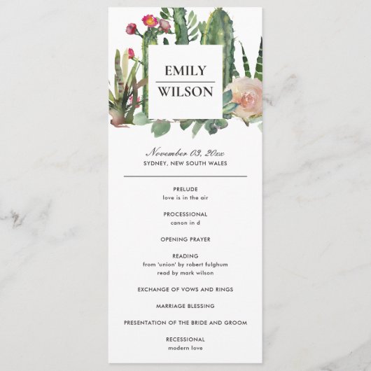 PINK FLORAL DESERT CACTI WEDDING CEREMONY PROGRAMM MENU (Voorkant)
