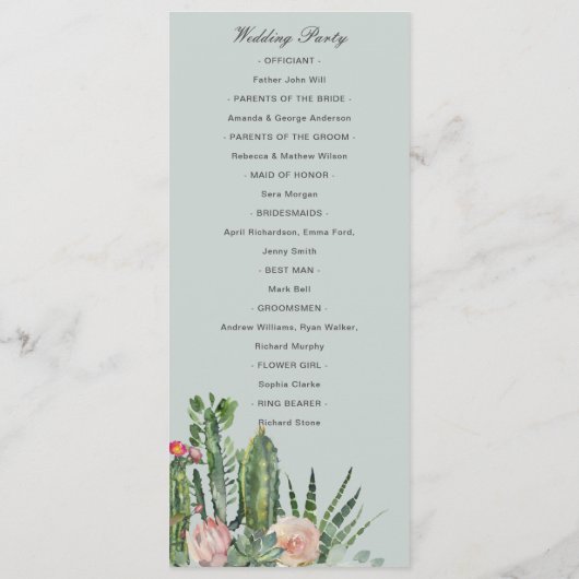 PINK FLORAL DESERT CACTI WEDDING CEREMONY PROGRAMM MENU (Achterkant)
