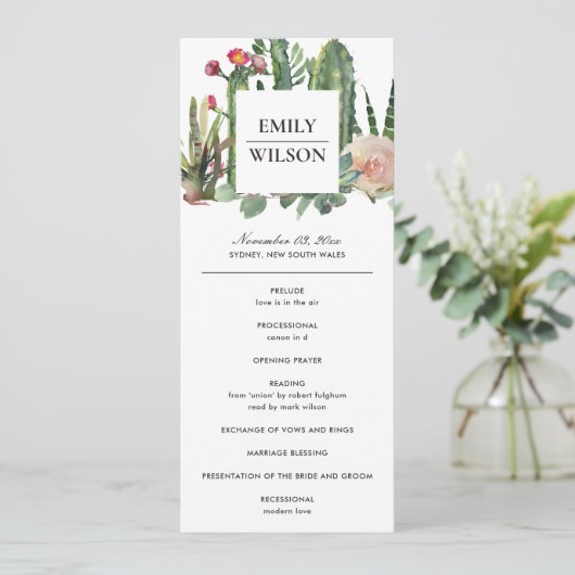 PINK FLORAL DESERT CACTI WEDDING CEREMONY PROGRAMM MENU (Staand voorkant)