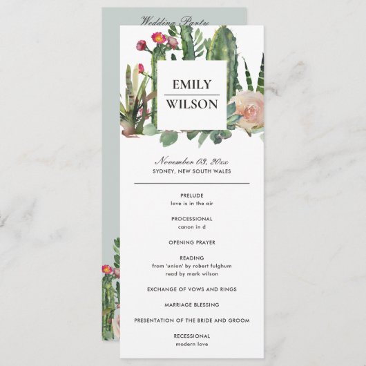 PINK FLORAL DESERT CACTI WEDDING CEREMONY PROGRAMM MENU (Voorkant / Achterkant)