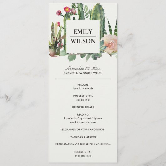 PINK FLORAL DESERT CACTI WEDDING CEREMONY PROGRAMM MENU (Voorkant)