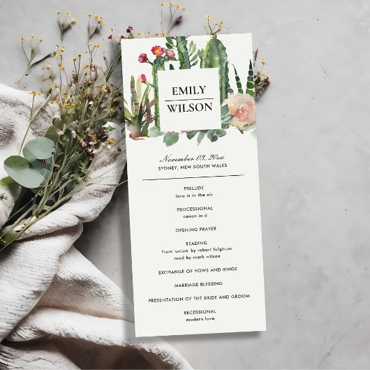 PINK FLORAL DESERT CACTI WEDDING CEREMONY PROGRAMM MENU