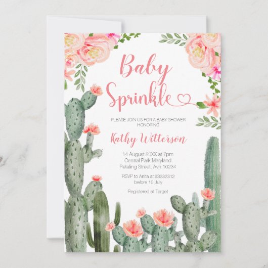 Pink Floral Desert Cactus Succulent Baby Sprinkle Kaart (Voorkant)