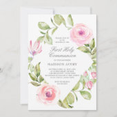 Pink Floral Diamond First Heilige Communie Kaart (Voorkant)