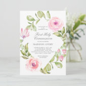 Pink Floral Diamond First Heilige Communie Kaart (Staand voorkant)