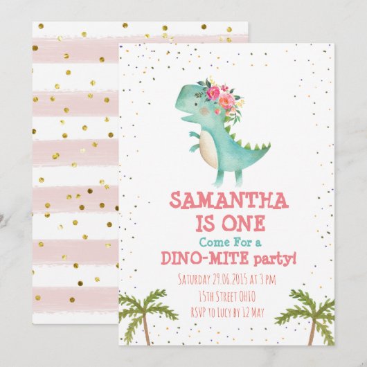 Pink Floral Dino First Birthday Party Invite Kaart (Voorkant / Achterkant)