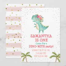 Pink Floral Dino First Birthday Party Invite