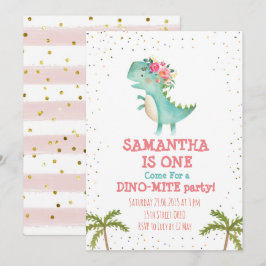 Pink Floral Dino First Birthday Party Invite Kaart