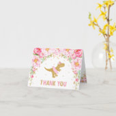 Pink Floral Dinosaur Birthday Party Hartelijk dank Kaart (Gele Bloem)