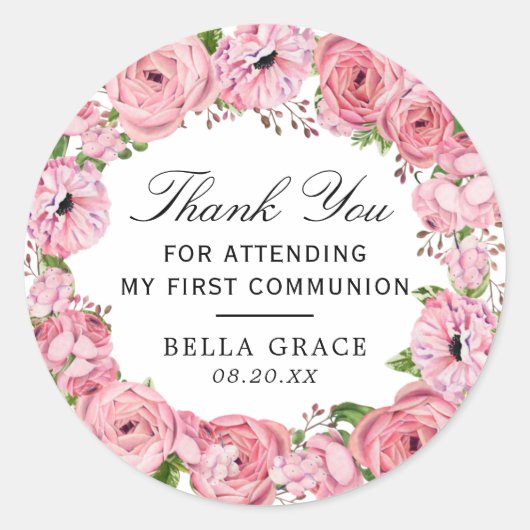 Pink Floral Eerste Gemeenschap Dank u Ronde Sticker (Voorkant)