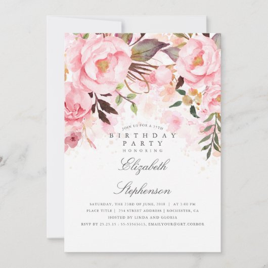 Pink Floral Elegant and Modern Birthday Party Kaart (Voorkant)