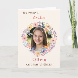 Pink Floral Elegant Female Cousin Photo Birthday Kaart