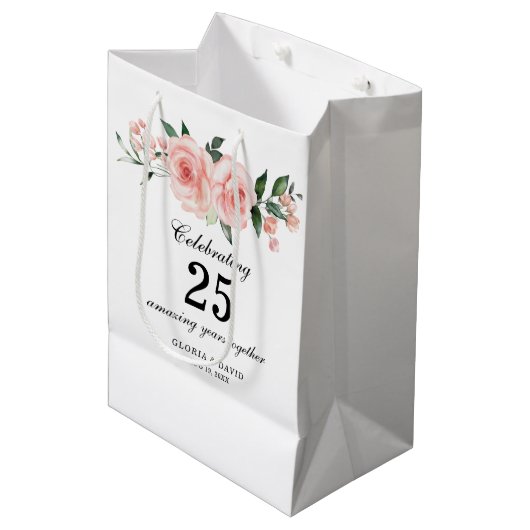 Pink Floral Elegant Wedding Medium Gift Bag Cadeauzakje (Voorkant Gekanteld)