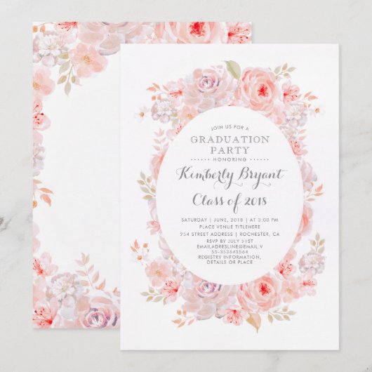 Pink Floral | Elegante  Graduation Party Kaart (Voorkant / Achterkant)