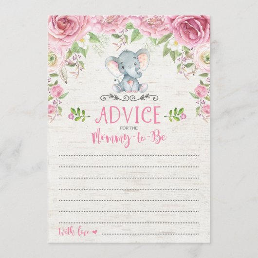 Pink Floral Elephant Advice Kaart Baby shower Game (Voorkant)