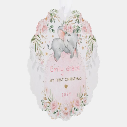 Pink Floral Elephant Baby First 1st Christmas Ornament Kaart (Rechts)