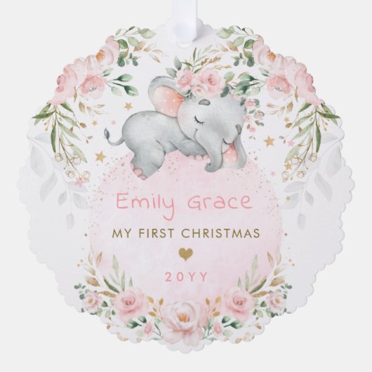 Pink Floral Elephant Baby First 1st Christmas Ornament Kaart (Voorkant)