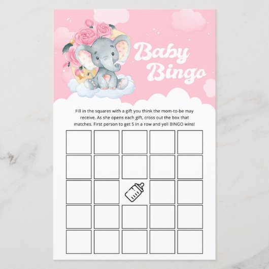 Pink Floral Elephant Baby shower Bingo Game (Voorkant)