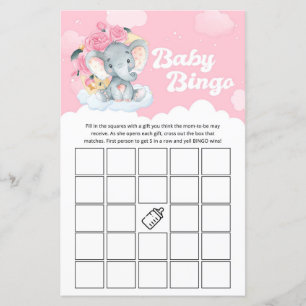 Pink Floral Elephant Baby shower Bingo Game