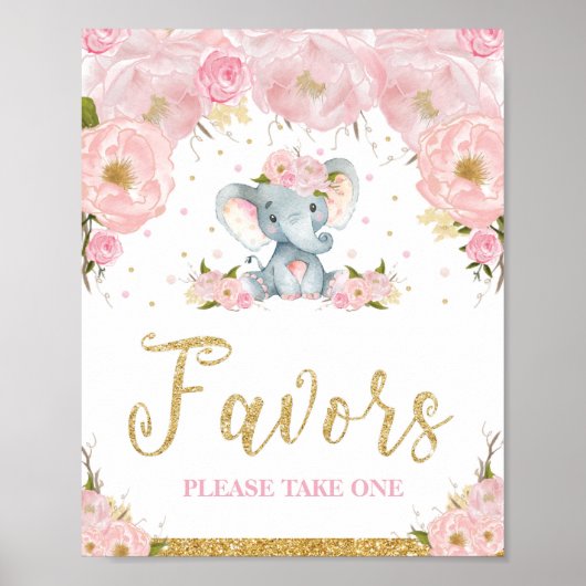 Pink Floral Elephant Baby shower Favors Sign Poster (Voorkant)