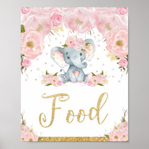 Pink Floral Elephant Baby shower Food Sign Decor Poster