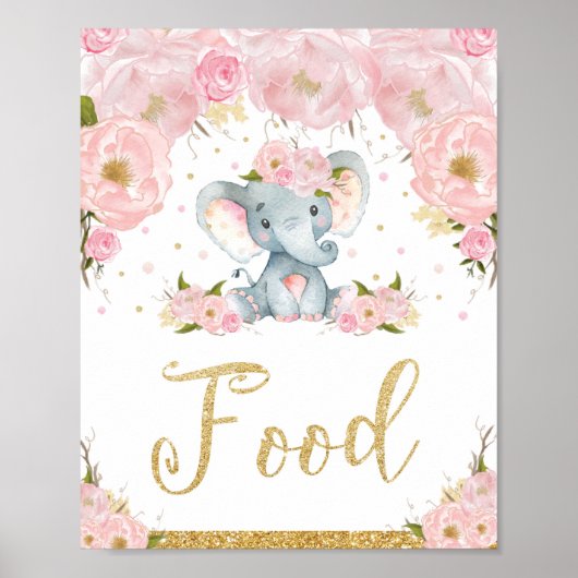 Pink Floral Elephant Baby shower Food Sign Decor Poster (Voorkant)