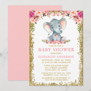 Pink Floral Elephant Baby shower Gold Glitter Kaart