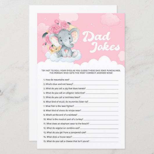 Pink Floral Elephant Baby shower Pap Jokes Game (Voorkant / Achterkant)