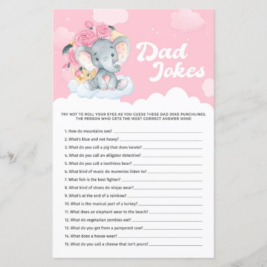Pink Floral Elephant Baby shower Pap Jokes Game (Voorkant)