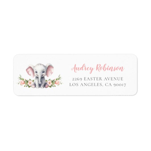Pink Floral Elephant Baby shower Retouradres Etiket (Voorkant)