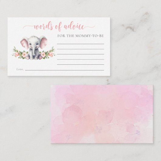 Pink Floral Elephant Baby shower Woorden van advie Informatiekaartje (Voorkant / Achterkant)