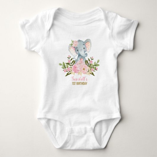 Pink Floral Elephant Bodysuit 1st Birthday Party (Voorkant)