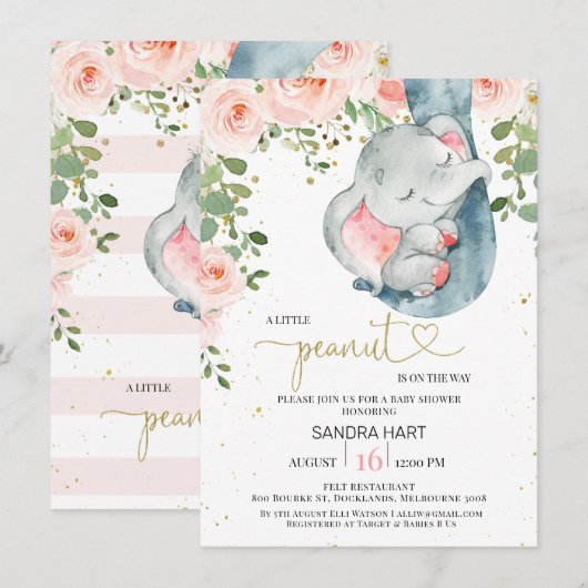 Pink Floral Elephant Girls Peanut Baby shower Kaart (Voorkant / Achterkant)