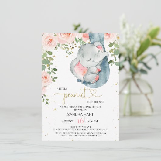 Pink Floral Elephant Girls Peanut Baby shower Kaart (Staand voorkant)